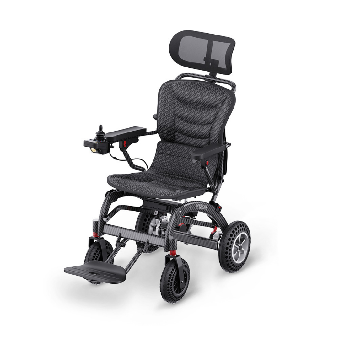 The EASWE B10 Portable Folding Powerchair – Airline Approved features dual motors, a cushioned seat, adjustable headrest, joystick armrest control, footrest, large rear wheels, and a lightweight contemporary frame designed for extended travel.